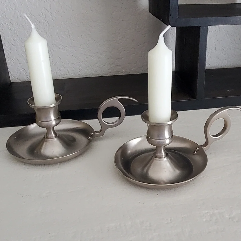 Vintage Early American Pewter Candle Stick Holders, Set of 2, EUC